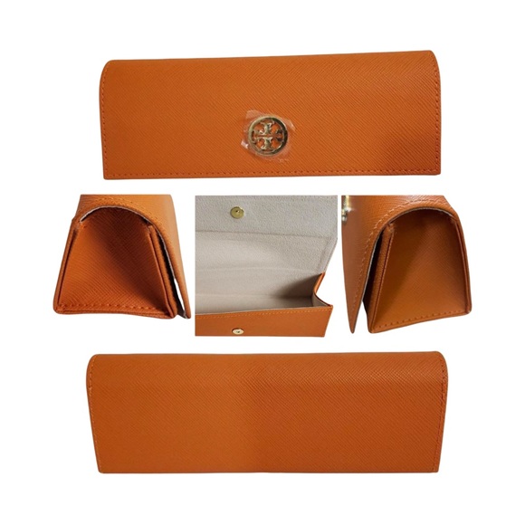 Tory Burch Eyeglass Case Caramel Burnt Orange, Butterscotch Bakelite, & Bird Pin - Picture 2 of 12